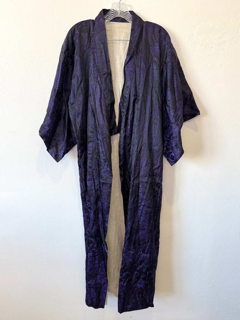 Vintage Japanese Style Brocade Kimono Robe Purple Black Long Duster OS